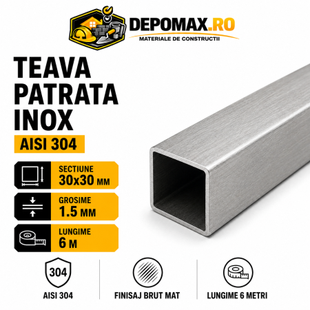 Teava patrata inox AISI 304, 30 x 30 x 1.5 mm, 6 metri